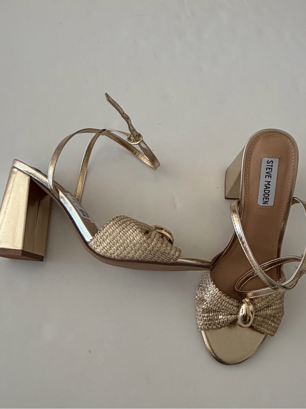 Women’s Stylish Gold Braided Metallic Block Heel Open Toe Ankle Strap Sandals